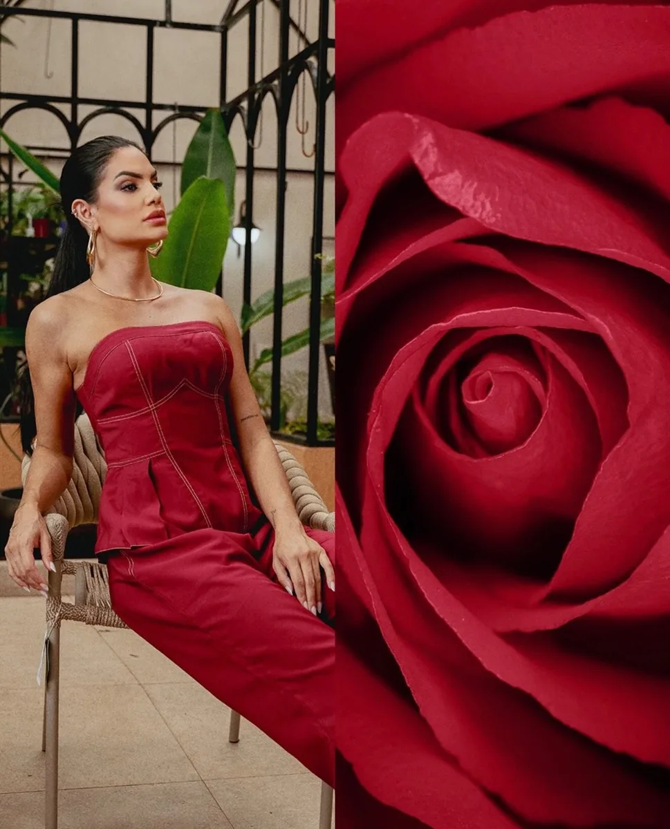 Victória Andrade usando vestido vermelho em conteúdo da coleção Le Jardin